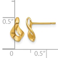 A pair of twisted gold stud earrings with openwork details, displayed next to a ruler showing they measure 0.5 inches in height.