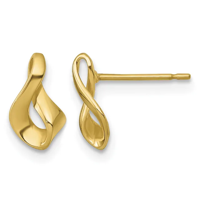 A pair of polished gold twisted loop earrings with posts, shown from front and side views.