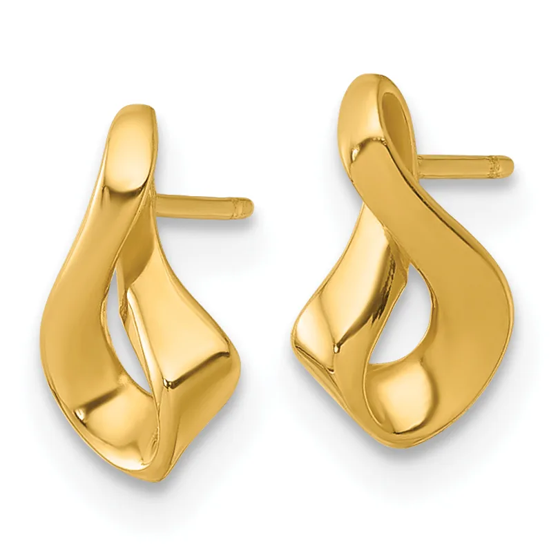 A pair of polished gold twisted drop earrings with posts and backs, shown from the front and back views.
