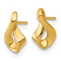 A pair of polished gold twisted drop earrings with posts and backs, shown from the front and back views.