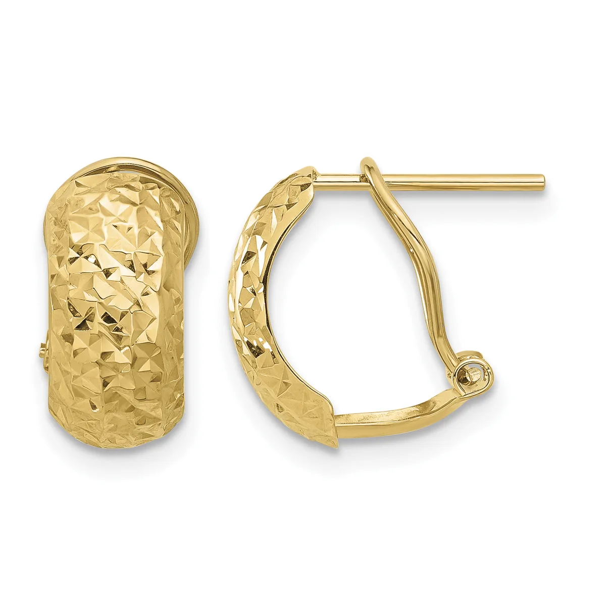 Pair of gold textured half-hoop earrings with diamond-cut surface pattern, shown from front and side views.