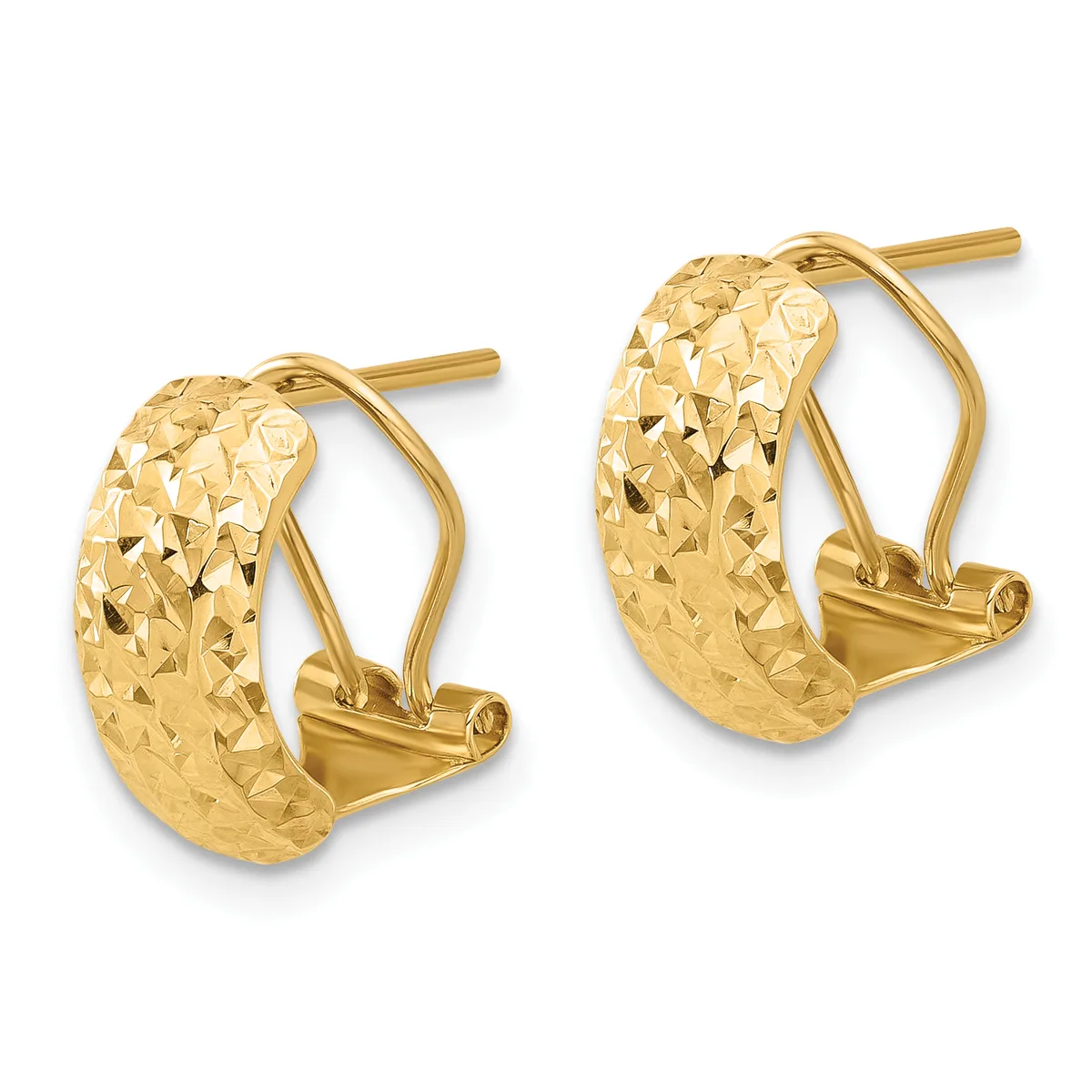 A pair of gold hoop earrings with a textured diamond-cut surface, featuring hinged closures, displayed against a white background.