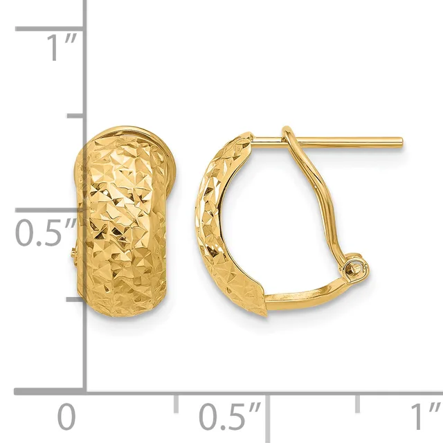 Pair of gold textured hoop earrings with hinged posts, displayed next to a ruler showing approximately one inch in height.