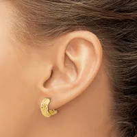 A textured gold hoop earring is worn on the earlobe of a person with brown hair.