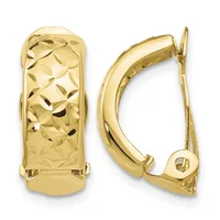Pair of gold-colored hinged hoop earrings with leaf-pattern cutout detailing on the front surface and smooth polished backs, shown from front and side views.