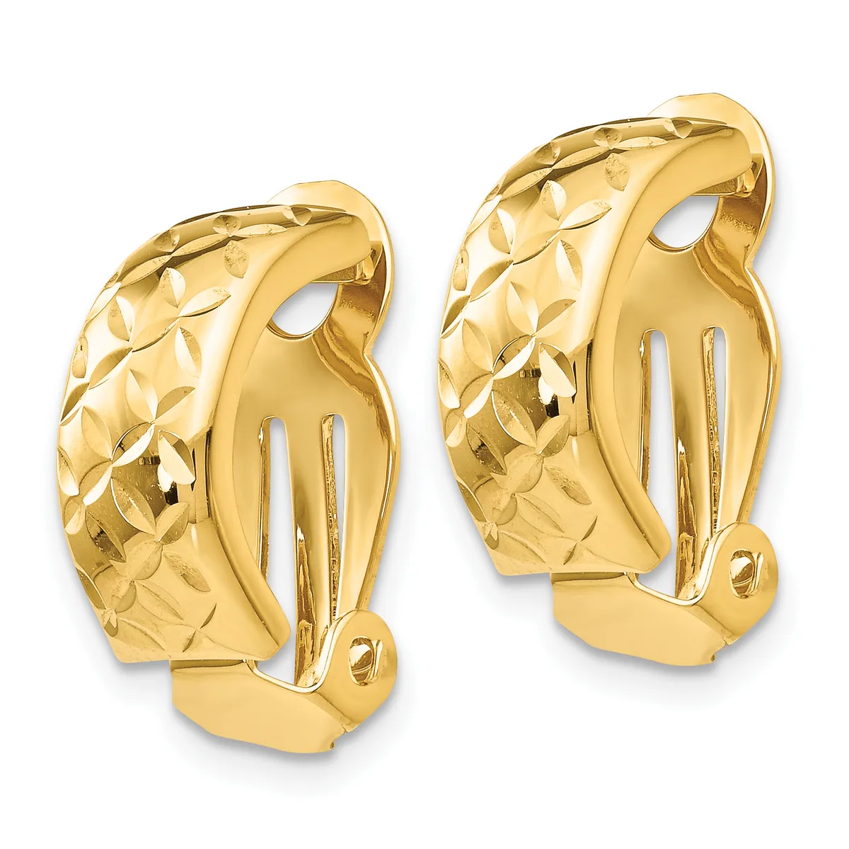 A pair of gold clip-on earrings with textured diamond-cut surfaces and curved leaf-shaped designs, shown from a three-quarter view.