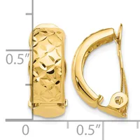 Pair of gold-textured huggie earrings with leaf pattern design shown against a measurement scale indicating approximately 0.5 inches in height.