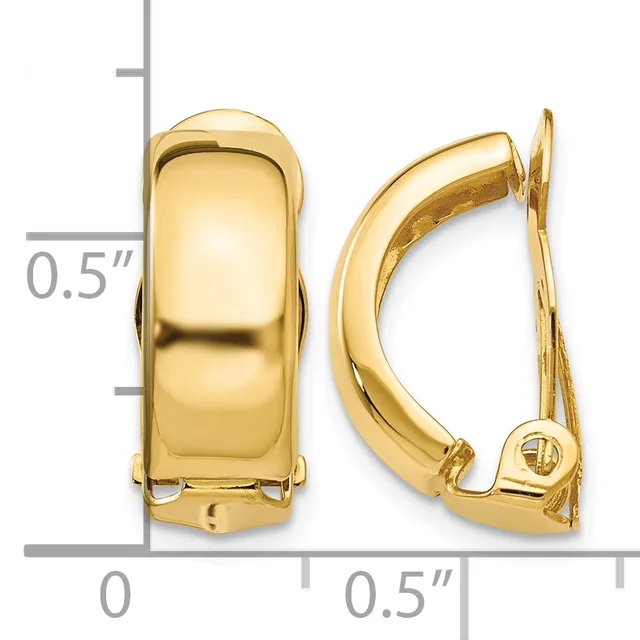 Gold-colored polished huggie earrings with leverback closures, shown from front and side views with a measurement scale indicating approximately 0.5 inches in width.