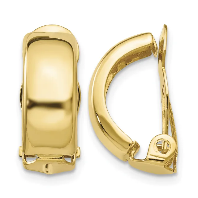 A pair of polished gold clip-on earrings shown from front and side views, displaying curved rectangular shapes with smooth, rounded edges.