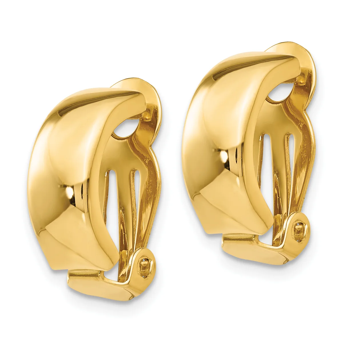 A pair of polished gold clip-on earrings with curved, chunky designs and textured surfaces.