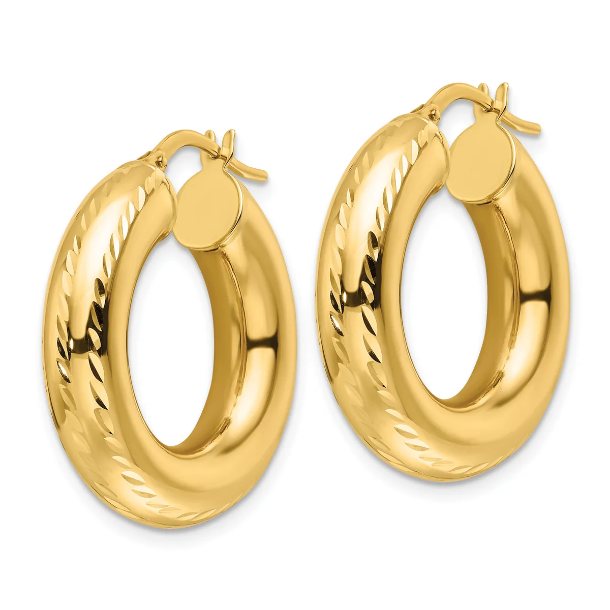 A pair of gold hoop earrings with a twisted texture on the outer surface and polished finish on the inner surface, shown against a white background.