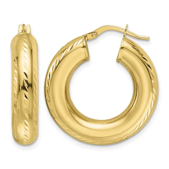 A pair of gold hoop earrings with a twisted surface texture and post-and-back closures, shown from front and side views.