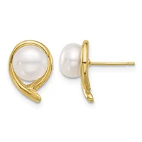 Pair of gold stud earrings with oval white pearl centers set in textured gold frames, shown from front and side views.