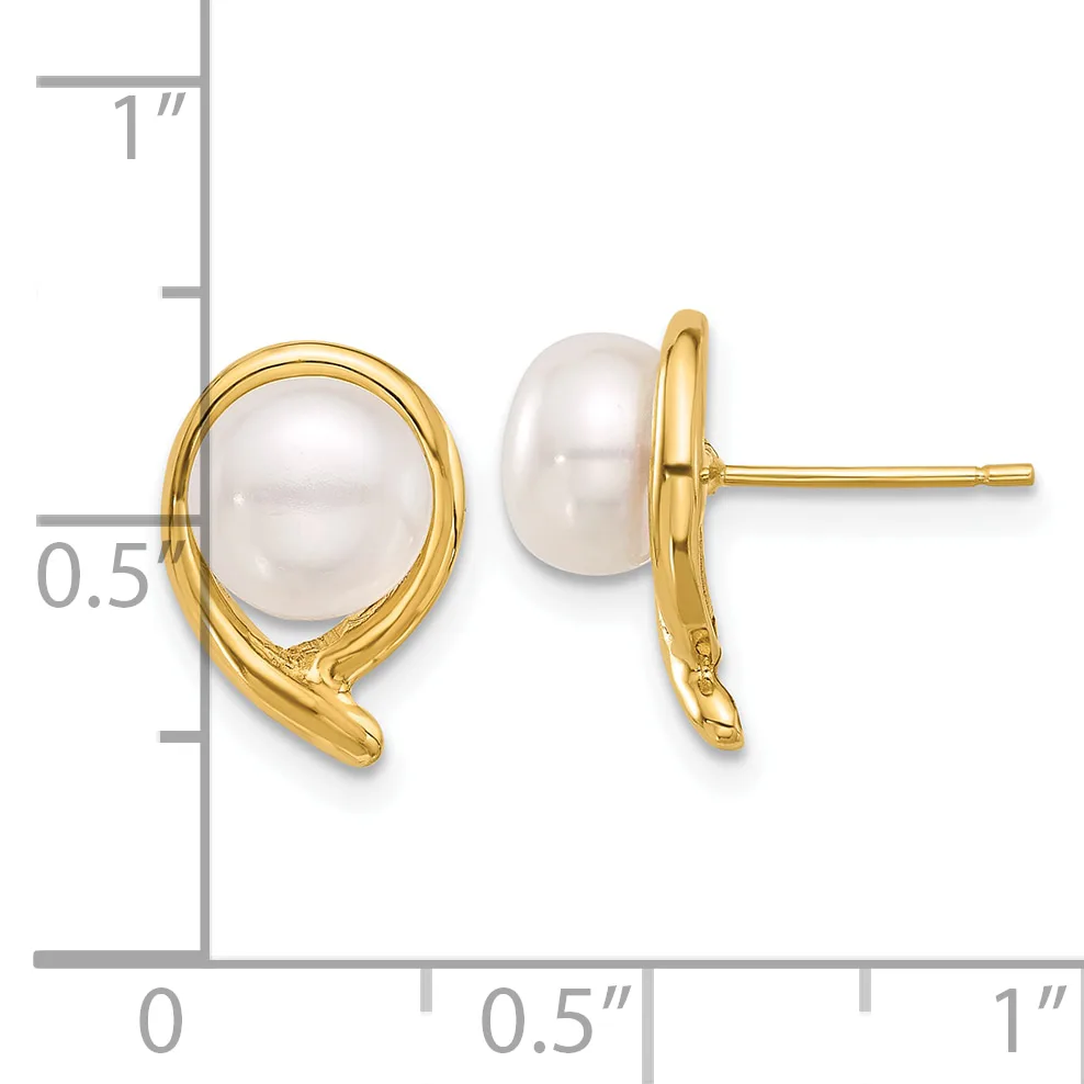 Pair of gold stud earrings with white pearl cabochons set in curved gold bezels, shown front and back against a measurement scale.