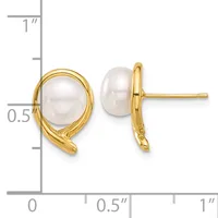 Pair of gold stud earrings with white pearl cabochons set in curved gold bezels, shown front and back against a measurement scale.