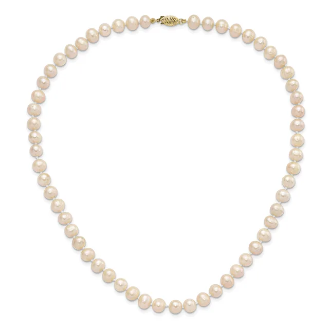 A string of round cream-colored pearls with a gold-toned clasp, displayed as a closed necklace against a white background.