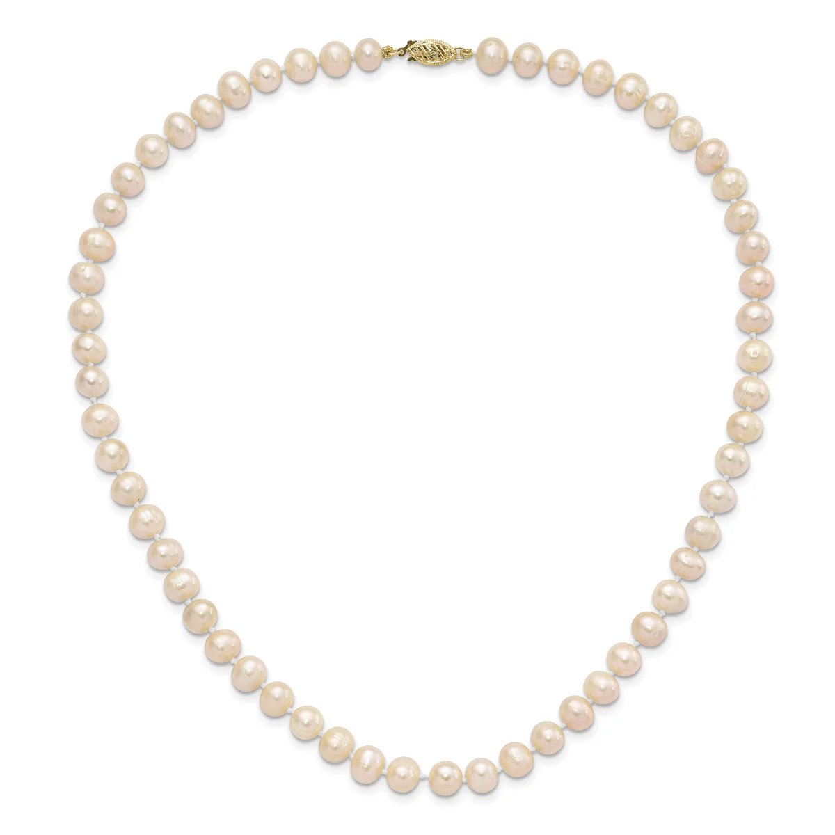 A string of round cream-colored pearls with a gold-toned clasp, displayed as a closed necklace against a white background.