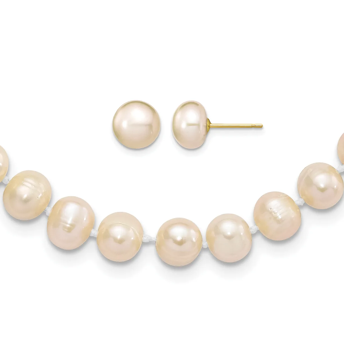 A bracelet and matching stud earrings made of cream-colored pearls connected by thin metal links, displayed against a white background.