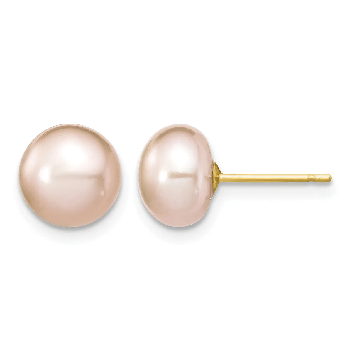 Pair of round pink pearl stud earrings with gold posts and backs, shown from front and side views.