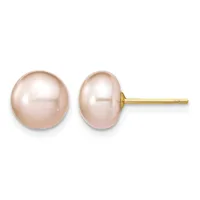 Pair of round pink pearl stud earrings with gold posts and backs, shown from front and side views.