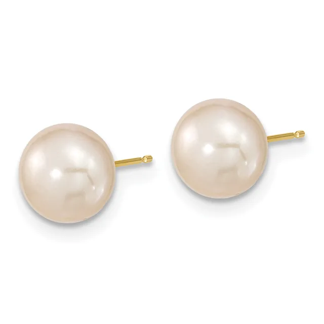 A pair of round cream-colored pearl stud earrings with gold posts, shown side by side against a white background.