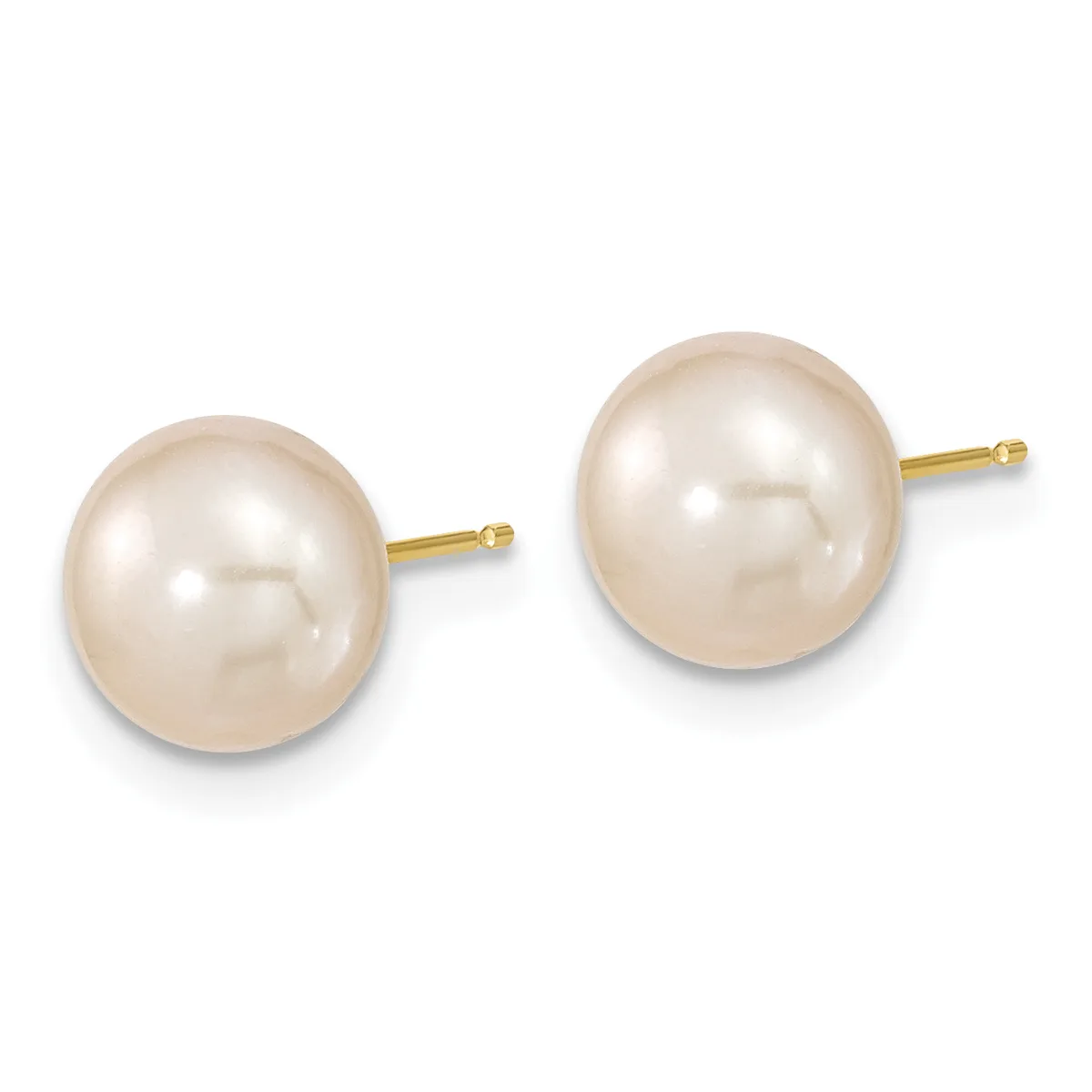 A pair of round cream-colored pearl stud earrings with gold posts, shown side by side against a white background.