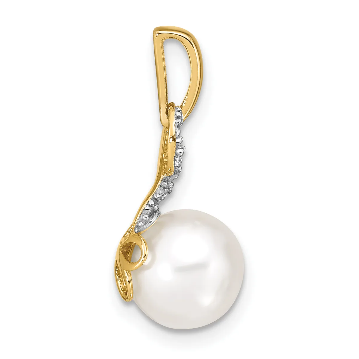 A gold pendant featuring a white pearl suspended from a curved gold bail adorned with small diamonds.