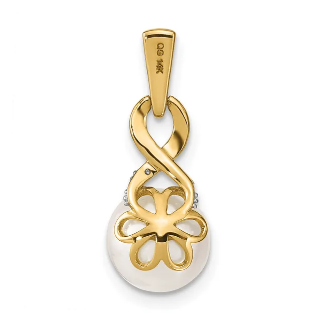 Gold pendant featuring an infinity symbol at top, decorative openwork flower design in gold, and a white pearl or stone sphere at the bottom.
