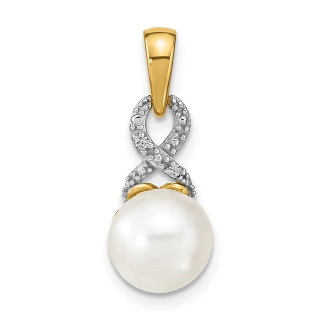 Two-tone gold pendant featuring a white pearl suspended beneath a twisted white diamond accent, with a yellow gold bail at the top.