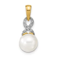 Two-tone gold pendant featuring a white pearl suspended beneath a twisted white diamond accent, with a yellow gold bail at the top.