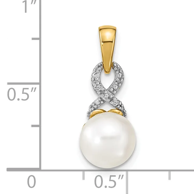 A two-tone pendant featuring a white pearl suspended below a twisted diamond-set loop, with a gold bail, displayed against a measurement scale.