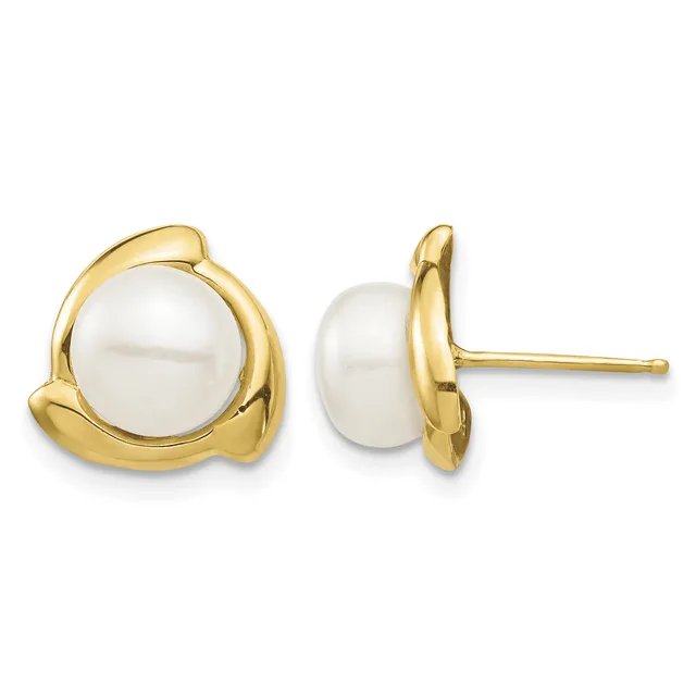 A pair of gold stud earrings with white pearl centers surrounded by curved gold bezels, shown from front and side views.