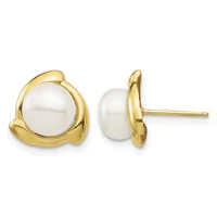 A pair of gold stud earrings with white pearl centers surrounded by curved gold bezels, shown from front and side views.