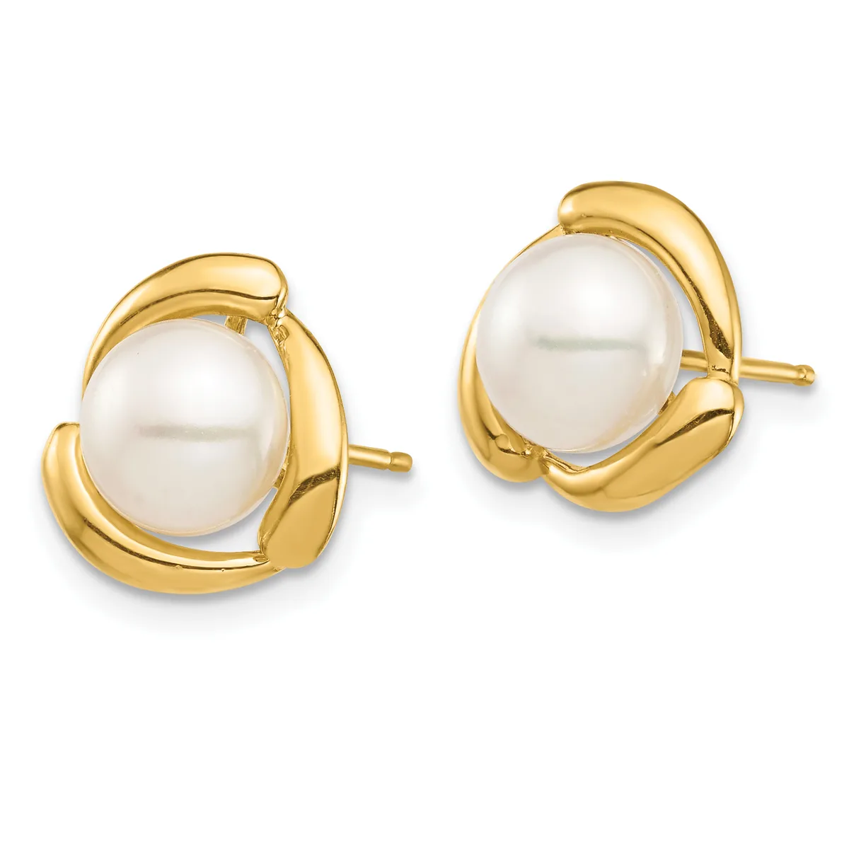 A pair of gold stud earrings featuring white pearl centers surrounded by curved gold frames, shown against a white background.