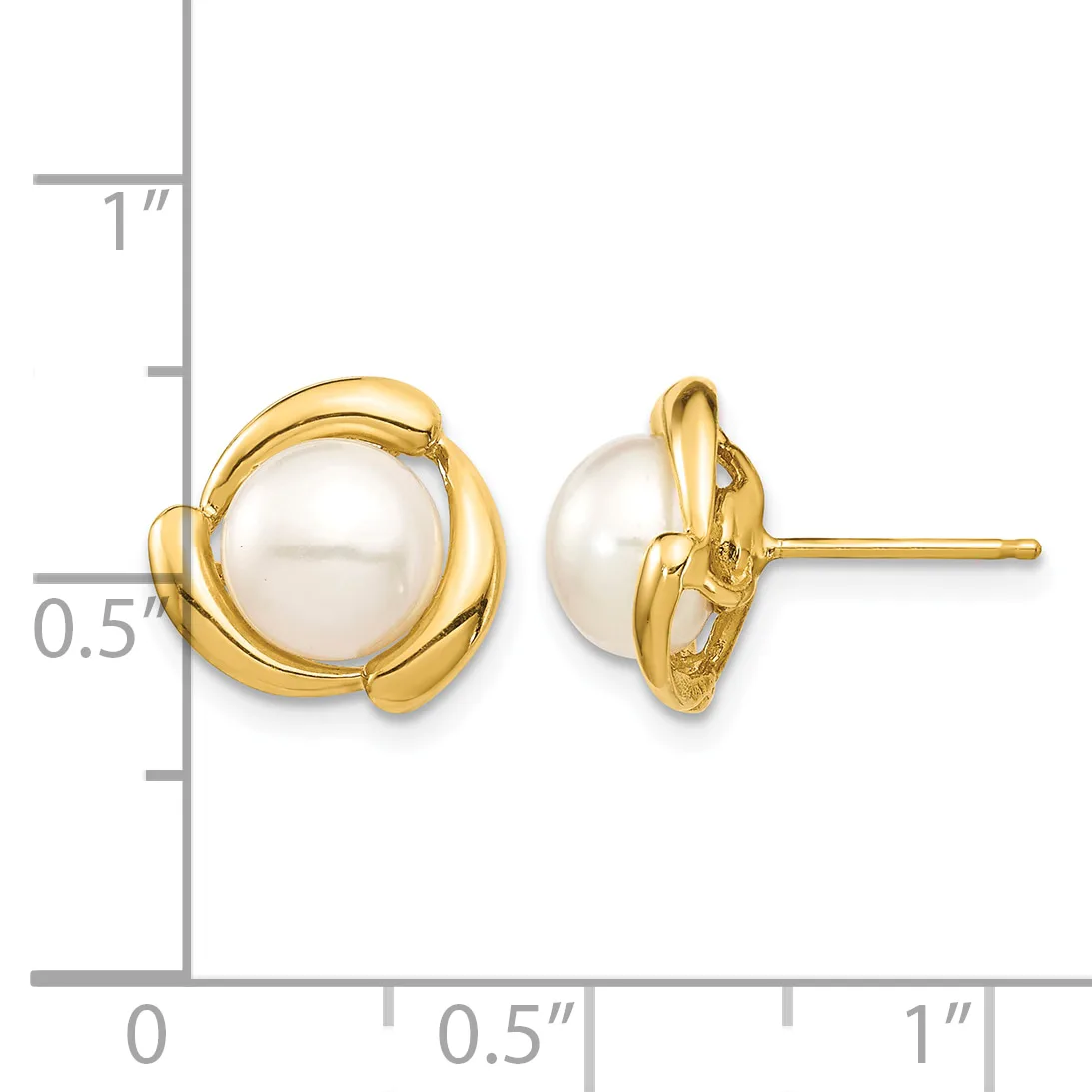Pair of gold stud earrings with white pearl centers surrounded by curved gold loops, shown next to a ruler for scale.
