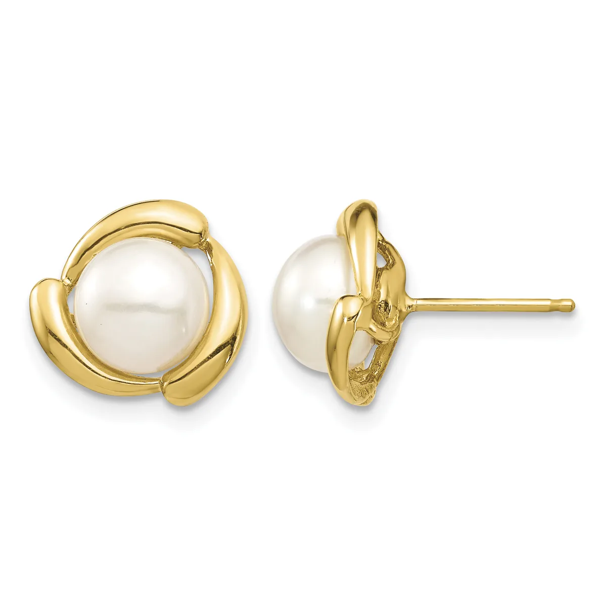 A pair of gold stud earrings with white pearl centers surrounded by curved gold bezels, shown from front and side views.