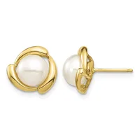 A pair of gold stud earrings with white pearl centers surrounded by curved gold bezels, shown from front and side views.