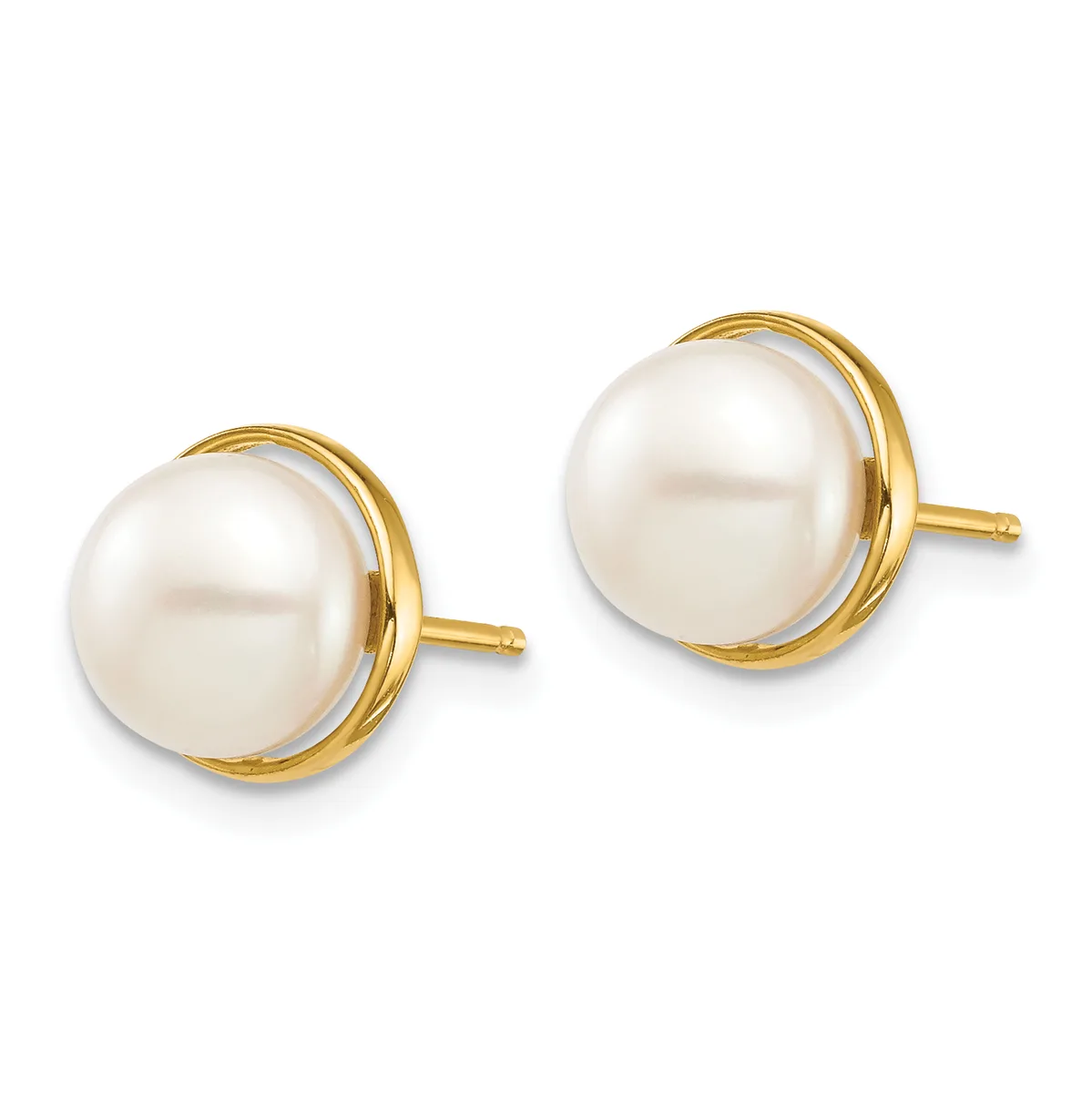 A pair of gold stud earrings with round white pearl centers set in yellow gold bezels, shown from the front against a white background.