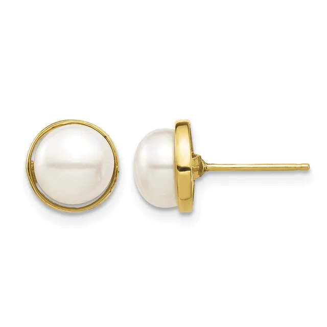 Pair of round white pearl stud earrings set in gold-tone metal, shown from front and side views.