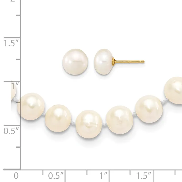 Two pearl jewelry pieces displayed against a measurement scale: stud earrings with round white pearls on gold posts at top, and a bracelet strung with five round white pearls on a silver-toned wire below.