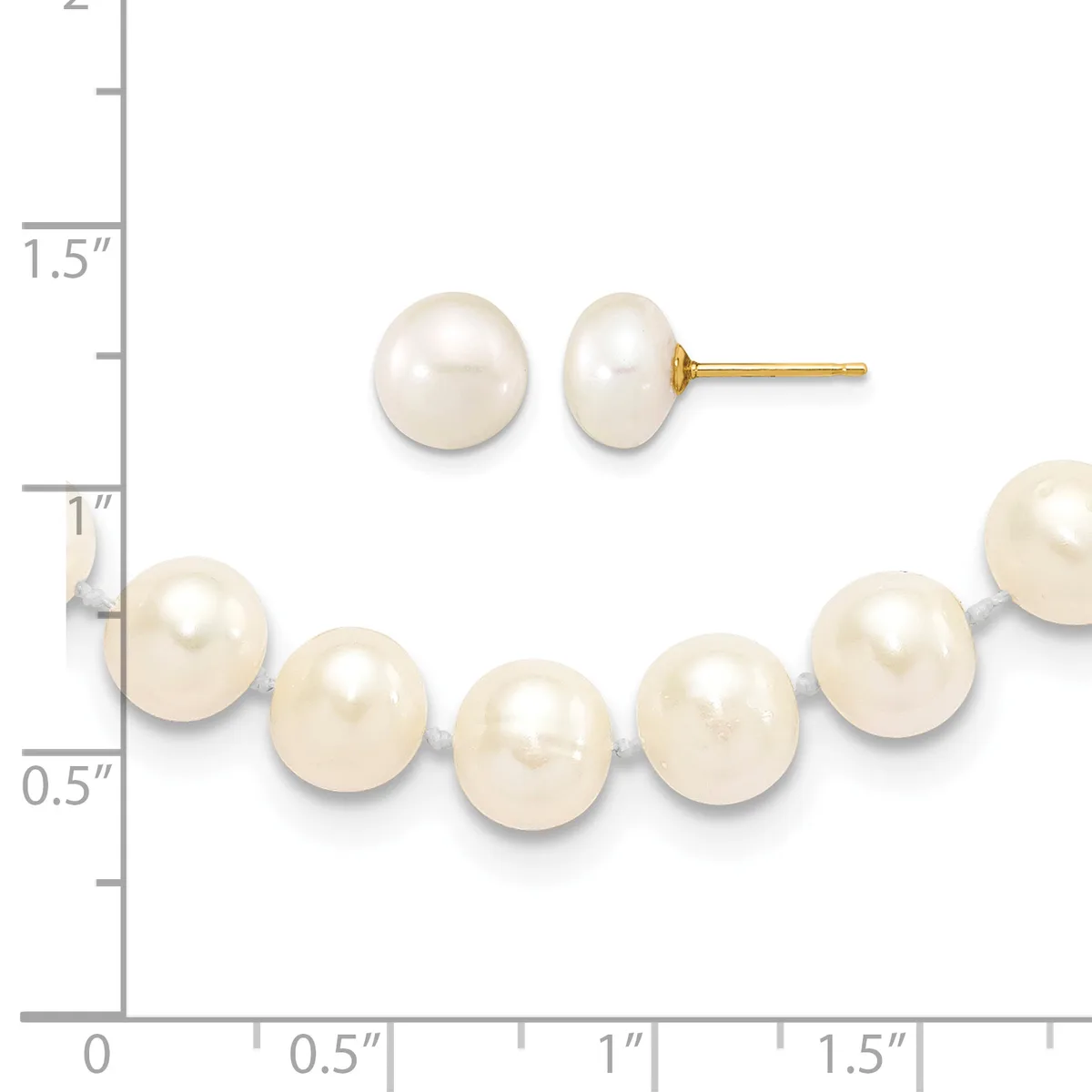 Two pearl jewelry pieces displayed against a measurement scale: stud earrings with round white pearls on gold posts at top, and a bracelet strung with five round white pearls on a silver-toned wire below.
