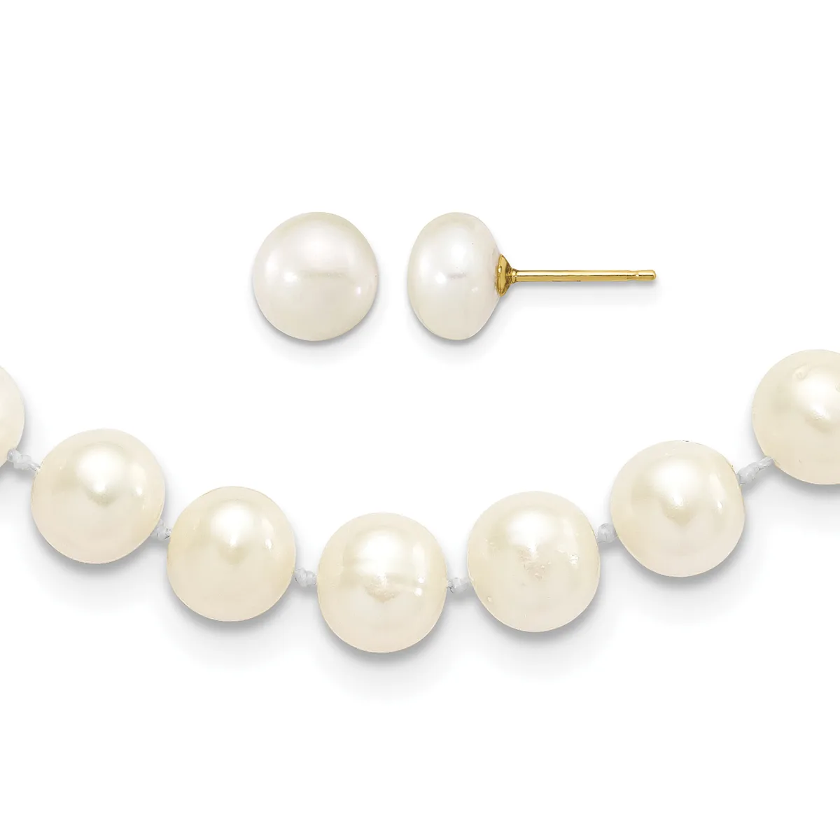 A pair of white pearl stud earrings with gold posts displayed above a white pearl bracelet with gray threading.