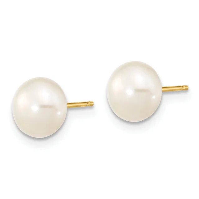 A pair of round white pearl stud earrings with gold posts and backs, displayed side by side against a white background.