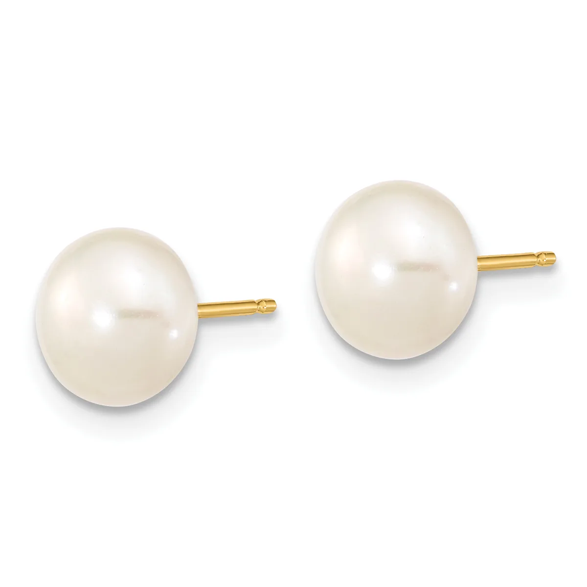 A pair of round white pearl stud earrings with gold posts and backs, displayed side by side against a white background.