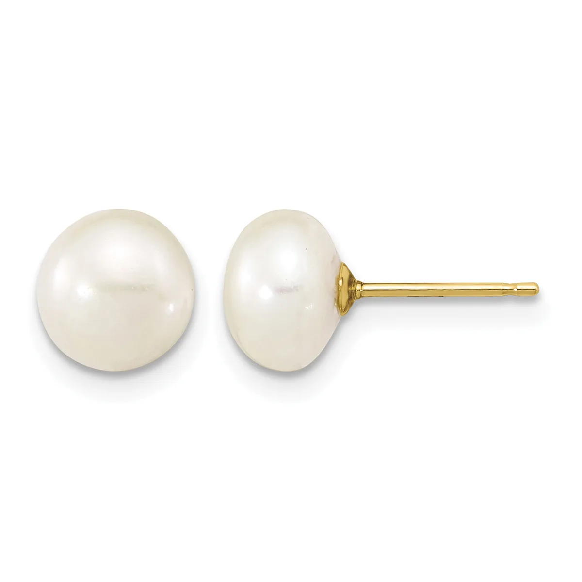 A pair of white pearl stud earrings with gold posts and backs, shown from front and side angles.