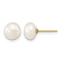 A pair of white pearl stud earrings with gold posts and backs, shown from front and side angles.