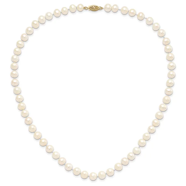 A strand of round cream-colored pearls with a gold-toned clasp, arranged in a closed loop against a white background.