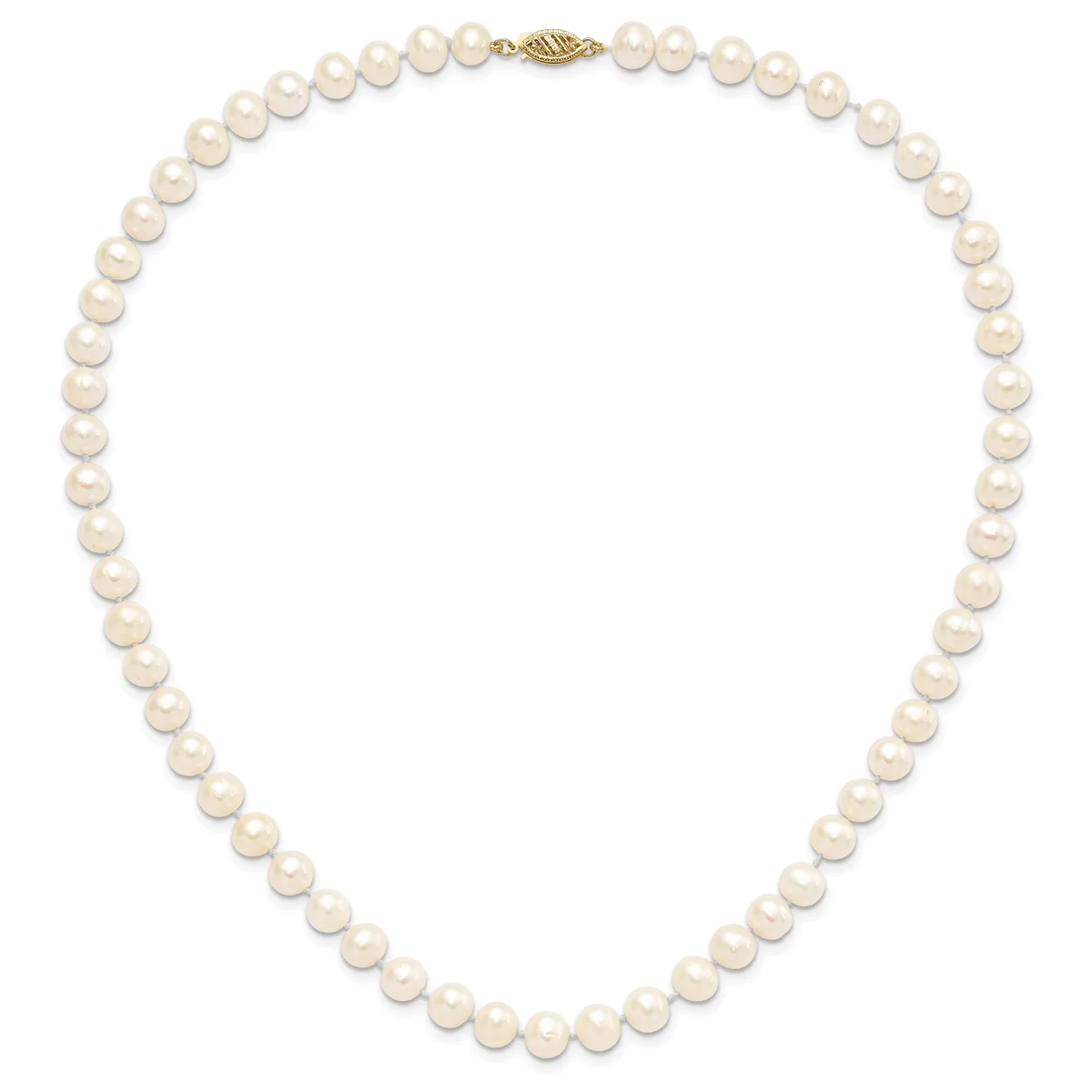 A strand of round cream-colored pearls with a gold-toned clasp, arranged in a closed loop against a white background.