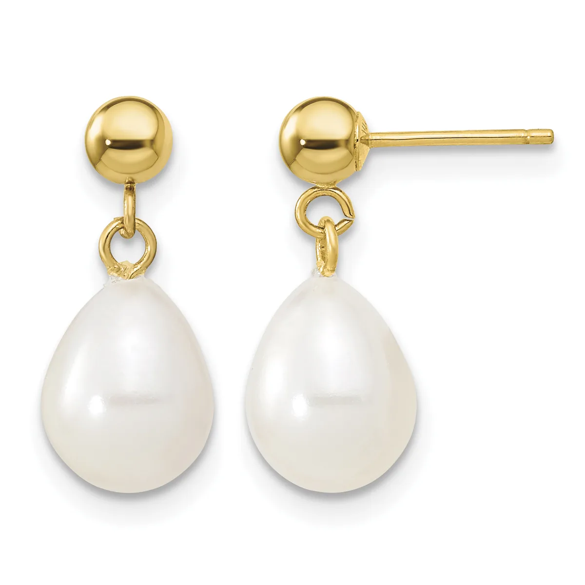 Pair of gold ball stud earrings with white pearl teardrop pendants hanging from small connector loops.