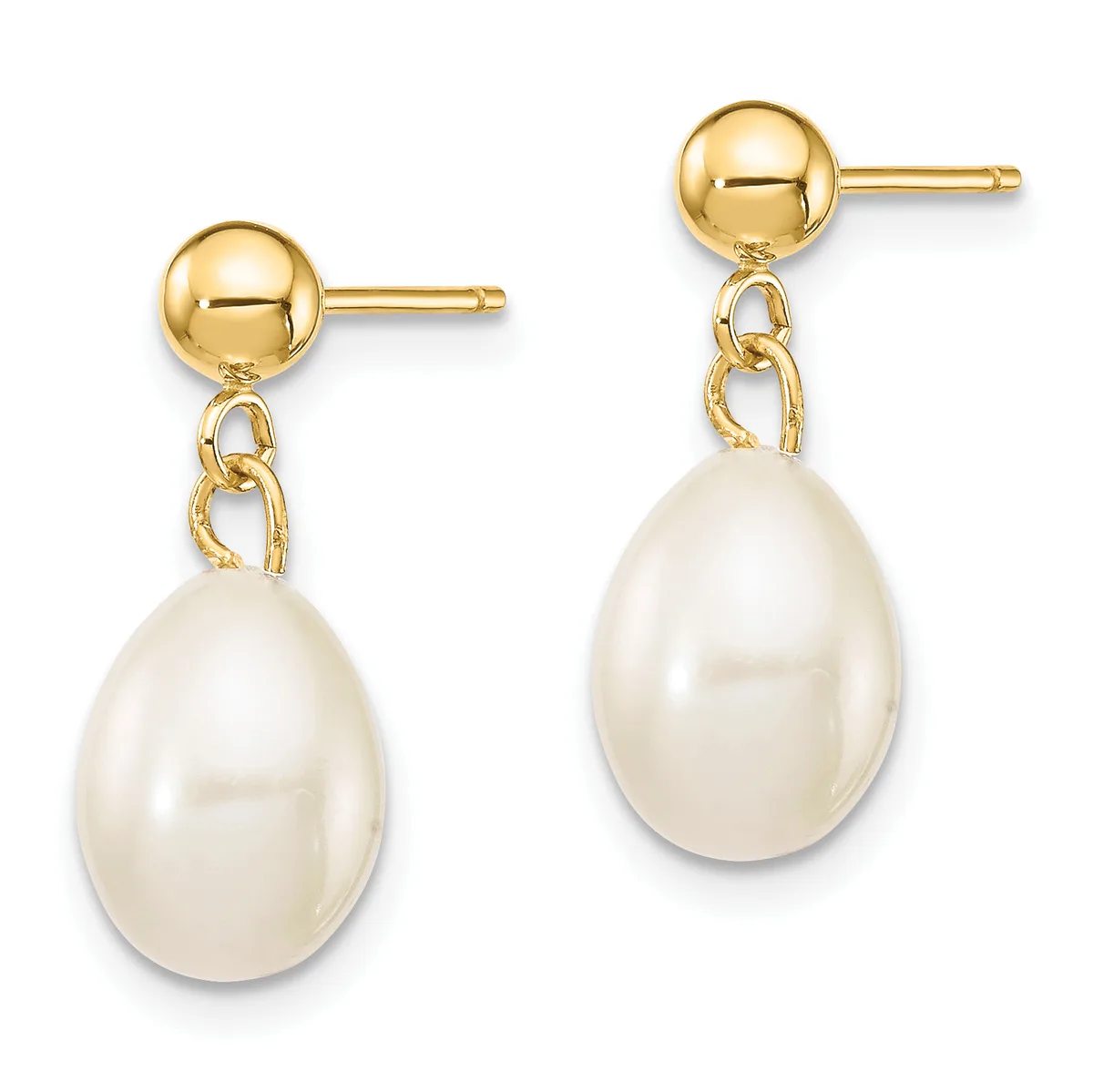 A pair of gold ball stud earrings with textured link connectors suspending white teardrop pearls.